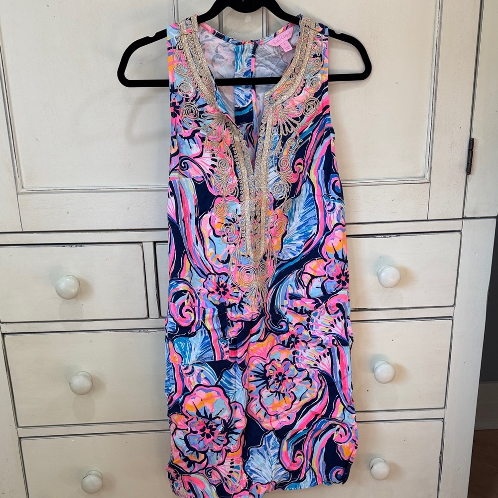 Lilly Pulitzer Navy, Pink & Gold Embellished Floral Tunic